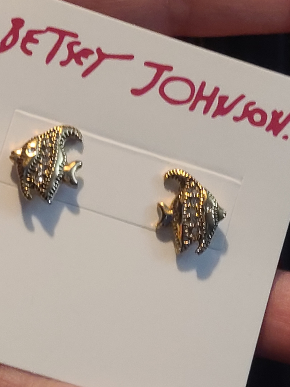Betsey Johnson Gold Fish Stud Earrings with Textured Detail Rhinestones